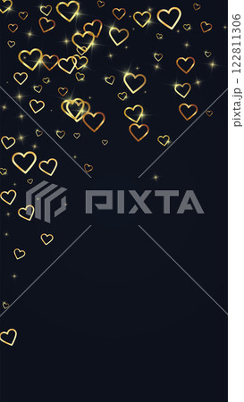 Falling hearts valentine card template. Gold hearts scattered on black background. Chaotic falling hearts vector illustration. 122811306
