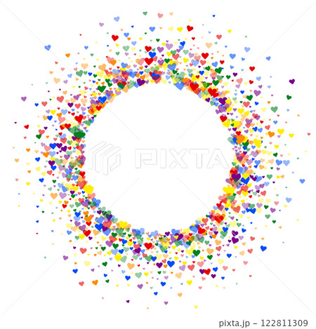 Sprinkled hearts valentine template. Rainbow colored scattered hearts. LGBT valentine card. Festive sprinkled hearts vector illustration. Sprinkled hearts valentine template. Rainbow colored scattered hearts. LGBT valentine card. Festive sprinkled hearts vector illustration. 122811309