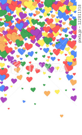 Flying hearts for valentine's day. Rainbow colored scattered hearts. LGBT valentine card. Beautiful flying hearts vector illustration. 122811318