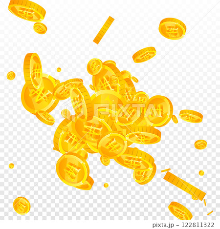 Korean won coins falling. Scattered gold WON coins. Korea money. Global financial crisis concept. Square vector illustration. Korean won coins falling. Scattered gold WON coins. Korea money. Global financial crisis concept. Square vector illustration. 122811322