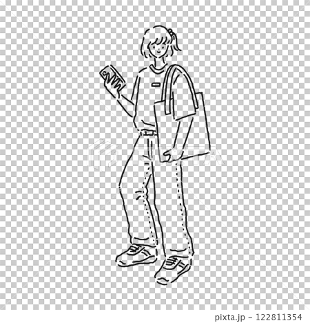 スマートフォンを持ってたたずむ女性　線画 122811354