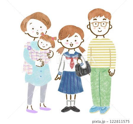 年の離れた姉妹と両親の4人家族の手描きイラスト 年の離れた姉妹と両親の4人家族の手描きイラスト 122811575