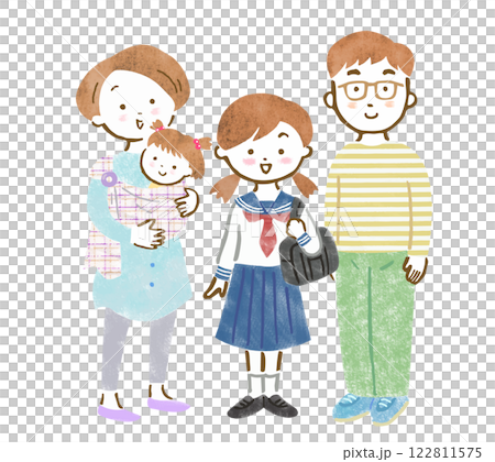 年の離れた姉妹と両親の4人家族の手描きイラスト 年の離れた姉妹と両親の4人家族の手描きイラスト 122811575