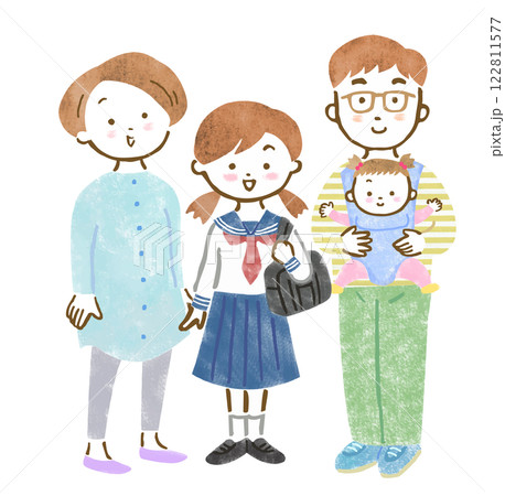 年の離れた姉妹と両親の4人家族の手描きイラスト 122811577