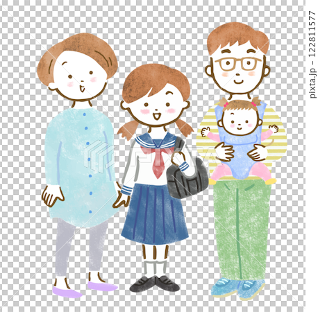 年の離れた姉妹と両親の4人家族の手描きイラスト 122811577