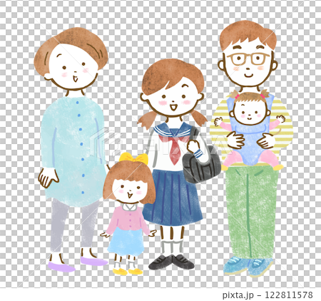 3姉妹の子供と両親の5人家族の全身手描きイラスト 122811578