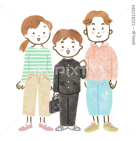 学ランを着た中学生と両親の3人家族の手描きイラスト 学ランを着た中学生と両親の3人家族の手描きイラスト 122811583