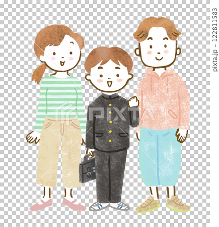 Hand-drawn illustration of a family of three: a junior high school student wearing a school uniform and his parents 122811583