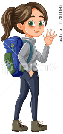 Adventurous Girl with Backpack Waving Adventurous Girl with Backpack Waving 122811643