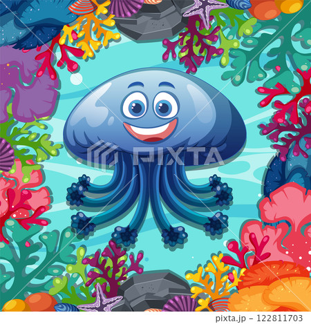 Cheerful Jellyfish in Vibrant Coral Reef 122811703