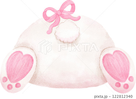 Cute White Bunny Butt Pink Ribbon Bow Cartoon watercolor 122812340