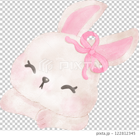Smile  White Bunny Face with Pink  Bow Chubby Cheek Cartoon watercolor 122812345