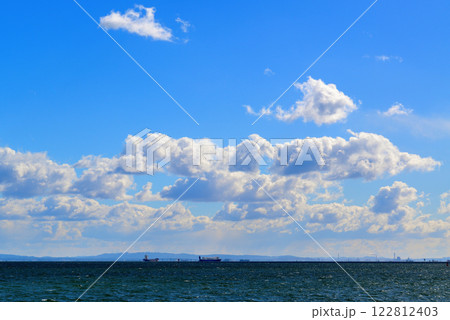 若洲海浜公園より雲の綺麗な空と袖ヶ浦方面を望む風景 122812403