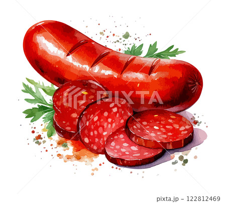 焼いたソーセージの水彩風イラスト 生成AI 焼いたソーセージの水彩風イラスト 生成AI 122812469