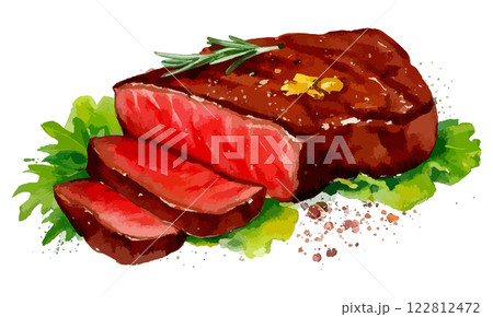 ミディアムレアステーキの水彩風イラスト 生成AI ミディアムレアステーキの水彩風イラスト 生成AI 122812472