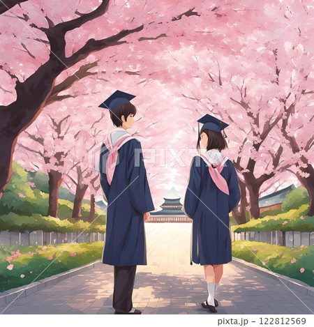 桜の木の下に立つ卒業生 122812569