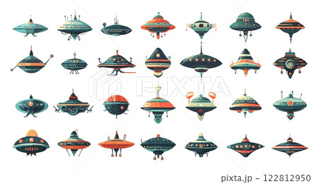 Alien ships cartoon vector set. Ufo radars antenna space saucers flying galactic carriers shuttles, cosmos galaxy invaders vessels spacecraft starships, isolated illustrations on white background 122812950