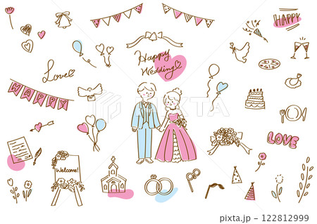手描き線画のかわいいウェディングのイラストやアイコンのセット　ピンク&ブルー 122812999