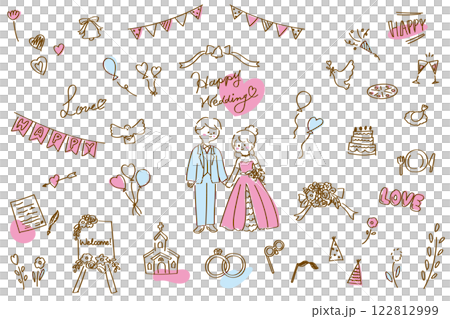 手描き線画のかわいいウェディングのイラストやアイコンのセット　ピンク&ブルー 122812999