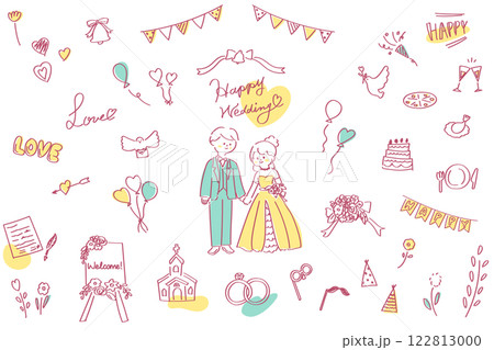 手描き線画のかわいいウェディングのイラストやアイコンのセット　イエロー&グリーン 122813000