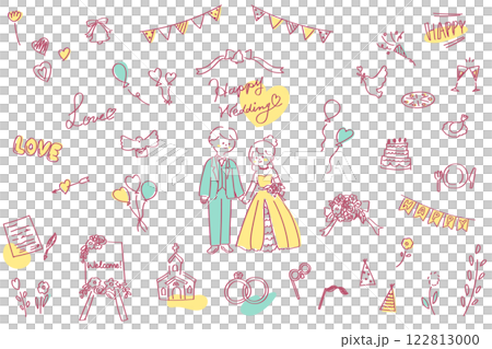 手描き線画のかわいいウェディングのイラストやアイコンのセット　イエロー&グリーン 122813000