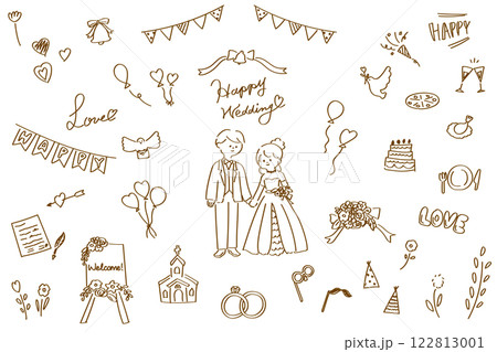 手描き線画のかわいいウェディングのイラストやアイコンのセット 122813001