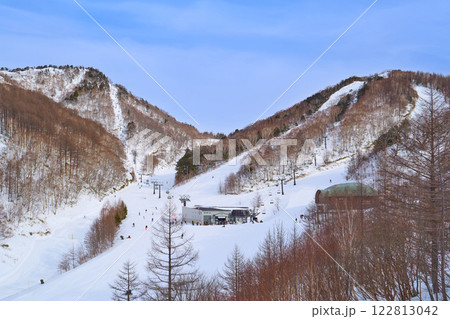群馬県川場村の川場スキー場のリフト(桜川エクスプレス)上から北東側のゲレンデなどを見る 122813042