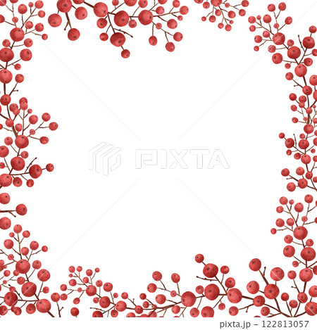 Composition frame with red holly berries, a handmade digital illustration highlighted Composition frame with red holly berries, a handmade digital illustration highlighted 122813057