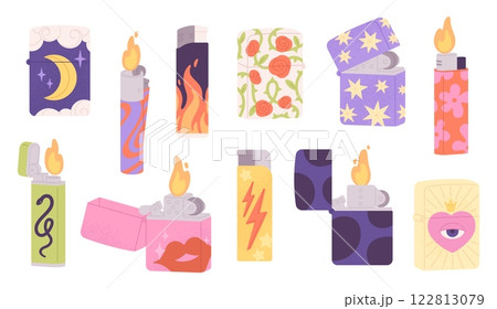 Various design lighters. Print on lighter, plastic metal smoking equipment. Decorative fire and kindling hand tools. Stylish racy vector colorful set 122813079