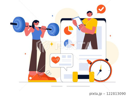 Wellness Coaching Vector Illustration Featuring a Sports Lesson or Fitness Course, Working Out with a Personal Coach, and Receiving Tailored Guidance Wellness Coaching Vector Illustration Featuring a Sports Lesson or Fitness Course, Working Out with a Personal Coach, and Receiving Tailored Guidance 122813090