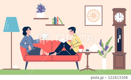 Couple reading on sofa. Young man and woman rest in living room with books. Weekend time at home, family evening. Readers or students recent vector scene Couple reading on sofa. Young man and woman rest in living room with books. Weekend time at home, family evening. Readers or students recent vector scene 122813108