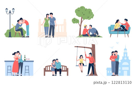 Romantic couples. Different couple in love, traditional and lgbt relationship. Men women friendship, dating and meeting in public places, recent vector scenes 122813110