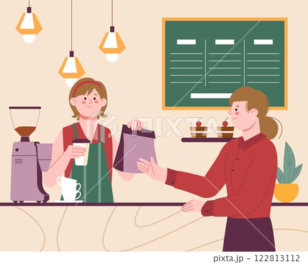 Woman buy coffee and pastry in cafe or coffee shop. Barista at work, cute girl waiter at counter with coffee and packaging. Sale coffee, vector scene 122813112
