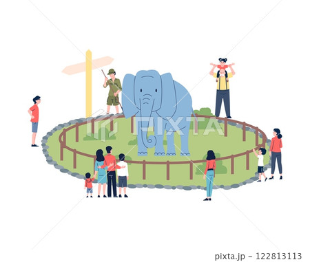 People looking at elephant in zoo. Flat men women and children, family weekend time outside. Animal park, zoology lesson for little kids, vector concept People looking at elephant in zoo. Flat men women and children, family weekend time outside. Animal park, zoology lesson for little kids, vector concept 122813113