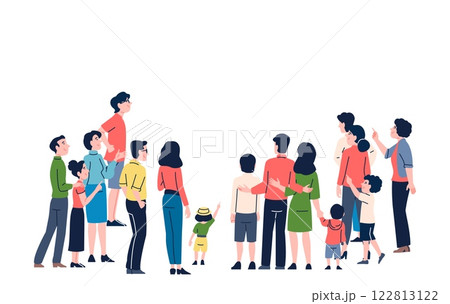 Crowd of people looking at something and pointing upwards. Unusual phenomenon, public interest and surprise. Isolated flat women men and kids, vector characters 122813122