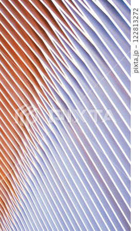Dynamic Gradient Architecture - A seamless flow of vertical slats transitioning from warm orange hues to cool whites and blues. A striking design for architectural showcases, modern branding, or 122813272