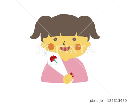 母の日で赤い1本のカーネーションの花束を持った女の子 122813480