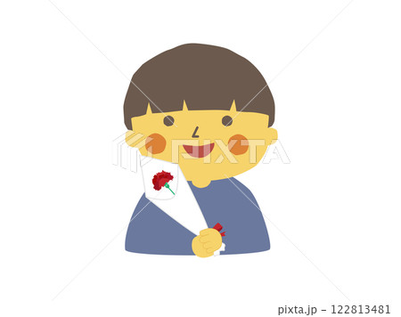 母の日で赤い1本のカーネーションの花束を持った男の子 122813481