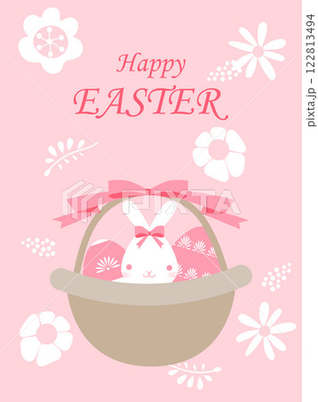 Happy Easterピンク色のイースターエッグとうさぎ 122813494