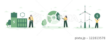 Sustainable and ecology illustration set. Wind electricity generators. Eco power station. Factory generating electricity for industry. Vector in flat cartoon style Sustainable and ecology illustration set. Wind electricity generators. Eco power station. Factory generating electricity for industry. Vector in flat cartoon style 122813578