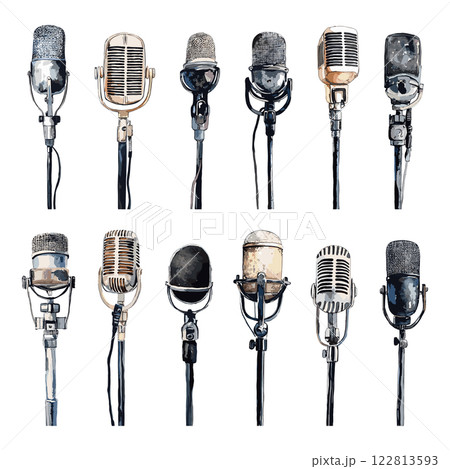 Studio Microphones Collection Watercolour Illustration White Background Unique Artwork Creative Design Vintage Microphone Illustrations Decorative Elements Audio Equipment Artistic 122813593