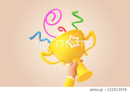 3d trophy in hand. Winner holding gold cup, success performance sport competition award ceremony business leader soccer champion victory reward prize, garish vector illustration 3d trophy in hand. Winner holding gold cup, success performance sport competition award ceremony business leader soccer champion victory reward prize, garish vector illustration 122813978