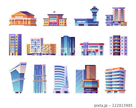 City different buildings. Downtown living brick building, urban residential town house modern architecture office company business tower hotel apartment, swanky vector illustration City different buildings. Downtown living brick building, urban residential town house modern architecture office company business tower hotel apartment, swanky vector illustration 122813985