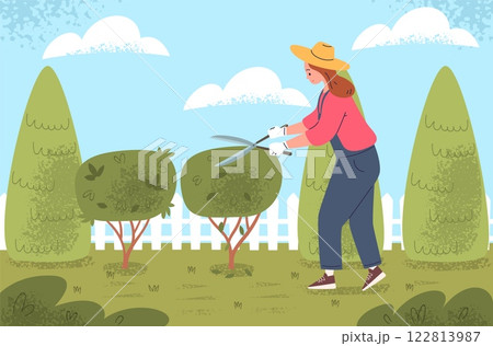 Gardener pruning hedge. Professional garden maintenance, gardening worker in overall cut bush trimming small trees on backyard green nature landscape, classy vector illustration 122813987