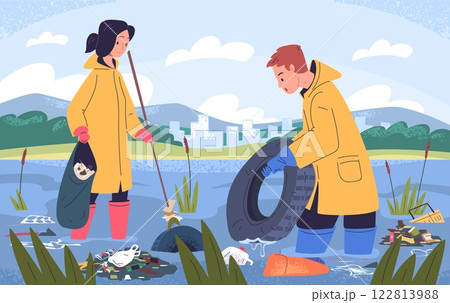 People clean river. Volunteers cleaning dirty water polluted sea or ocean, collect garbage in trash bag cleanup plastic rubbish nature park environment, classy vector illustration 122813988