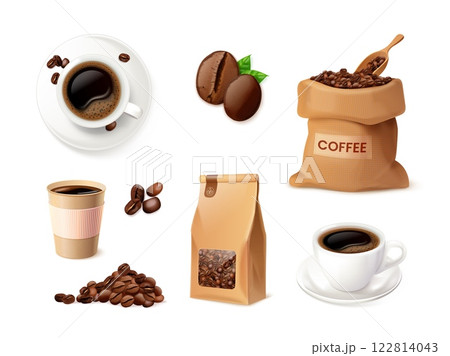 Realistic coffee products. 3d coffe mug on saucer with roasted beans in burlap bag with scoop, hot espresso latte drink paper cup bean top side view set exact vector illustration 122814043