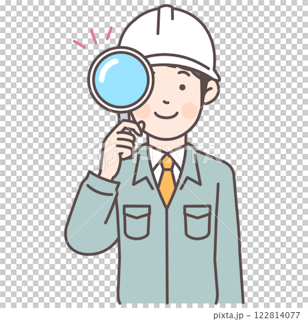 Construction worker man with magnifying glass 122814077