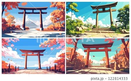 Japanese temple gate. Asian landscape with torii mountain trees, autumn summer traditional japan shrine vector illustration 122814333