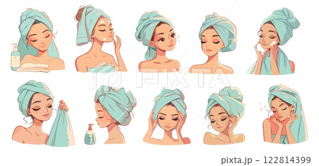Girl skin care. Woman with towel on hair, cream face massage cosmetics beauty health spa set vector illustration 122814399