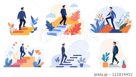 Businessman climbing stairs. Man on staircase step, career growth business success ambition leadership development concept set vector illustration 122814452